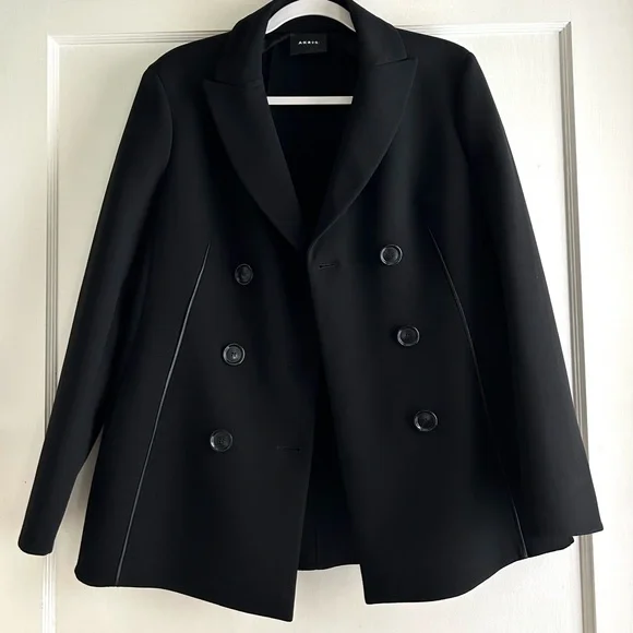 $3.9K Akris Scott Black Wool Leather Double Breasted Jacket Coat Size 8 44